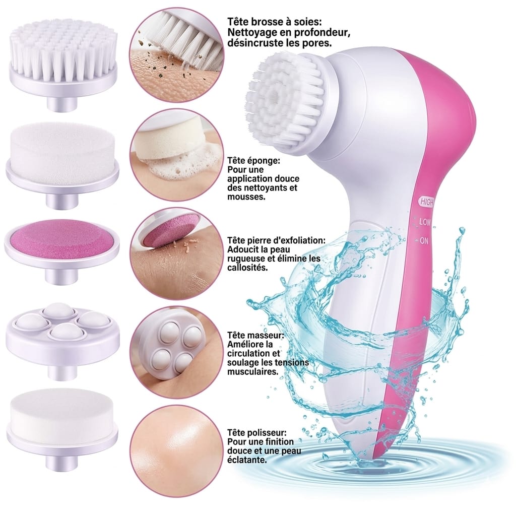 Brosse Visage Électrique 5 en 1 – Peau Éclatante en 60 Secondes ✨